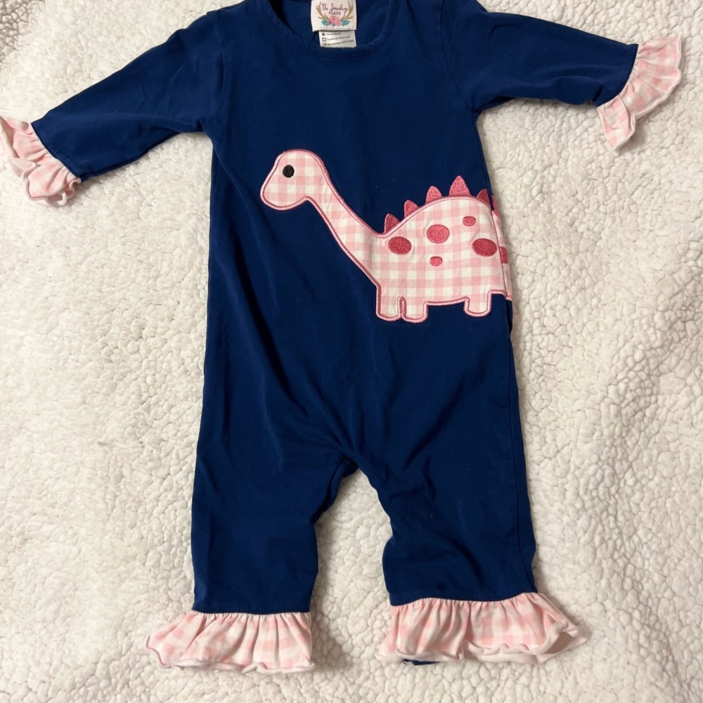 The Smocking Place navy dinosaur romper 6M